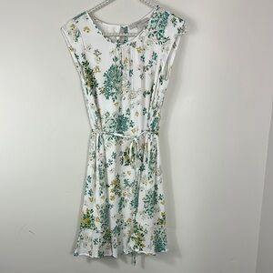 LOFT White & Green Floral Print Dress Small
